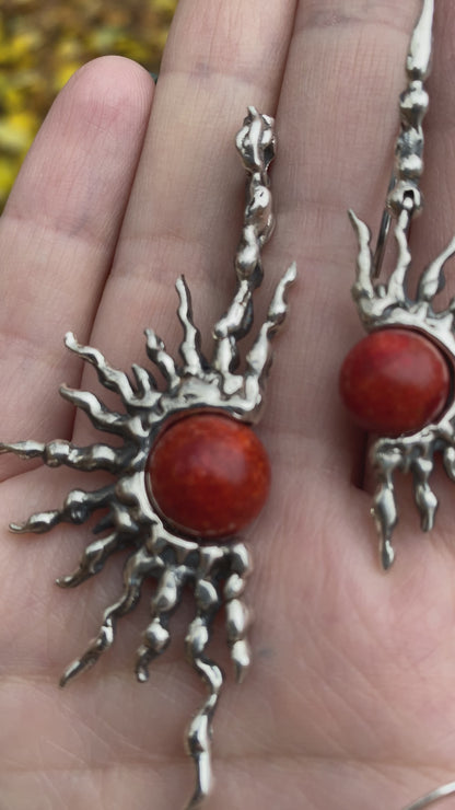 Red Coral Sterling Silver Sun Earrings
